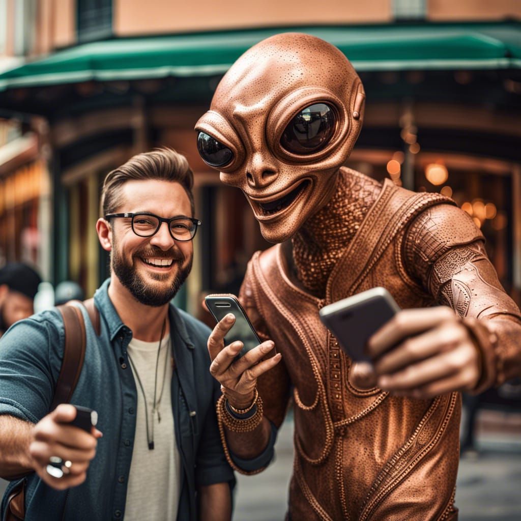 Hipster man, taking a selfie with a Friendly alien
