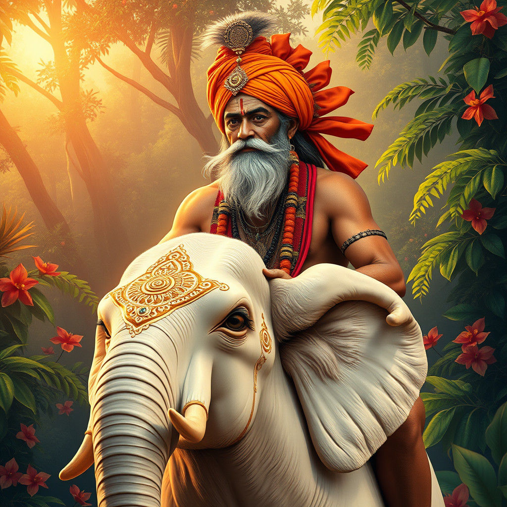 Hindu Man on Elephant in Lush Jungle, Watercolor Style