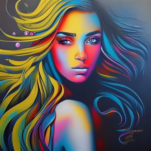 Sad Girl in Colorful Polychromatic Graffiti Art