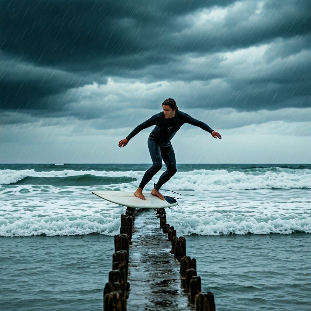 Surfer Rides Turbulent Waves on Weathered Pier