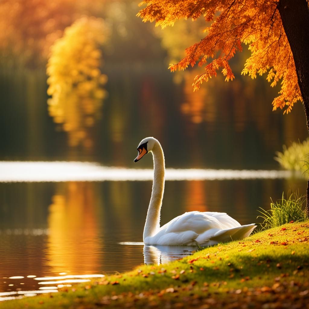 Autumnal Swan on Lake with Colorful Trees