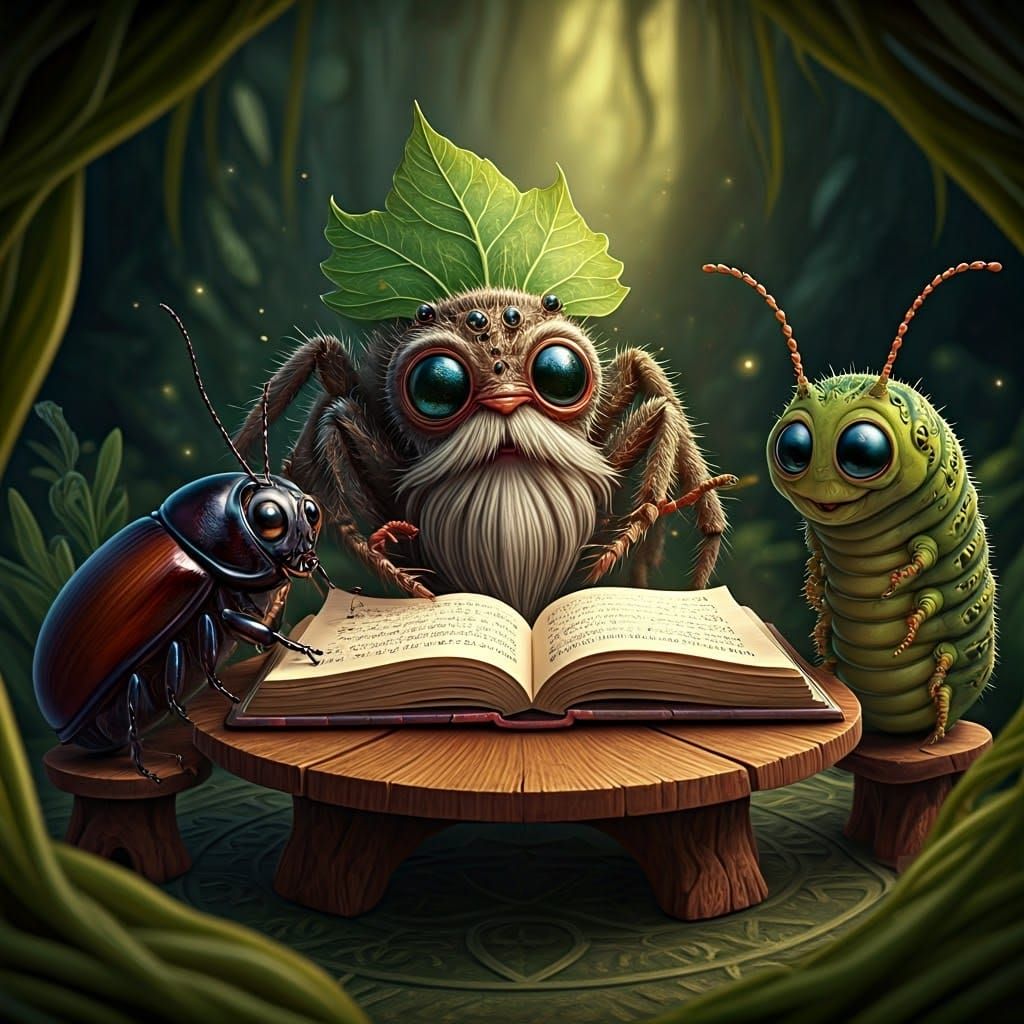 Mystical Creatures Gather Around a Wizardly Spider