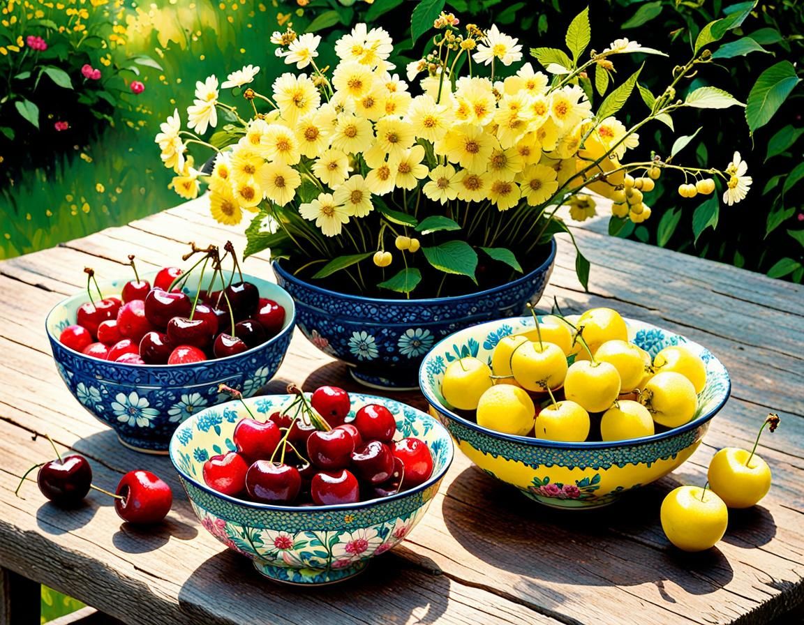 Cherries and Flowers Still Life in Art Brut Style