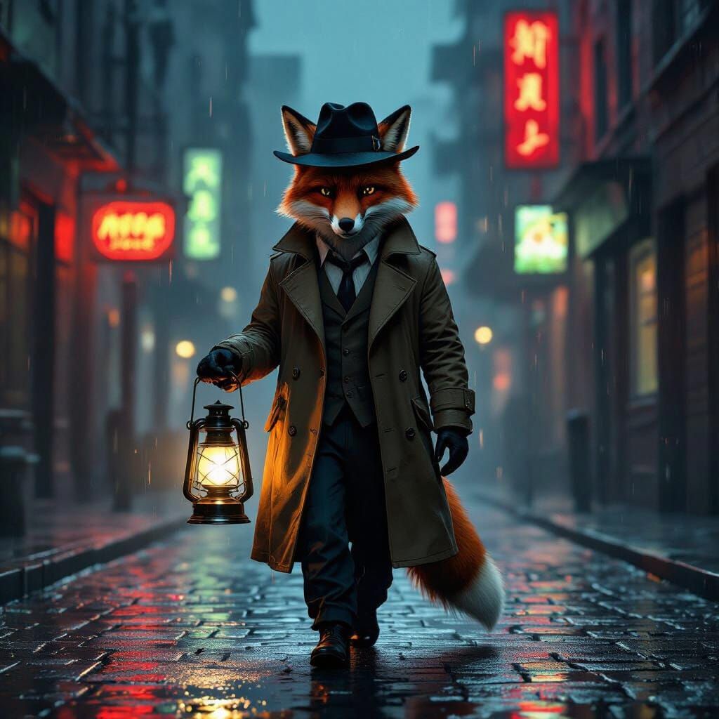 Noir Fox Detective in Rain-Slicked Cityscape