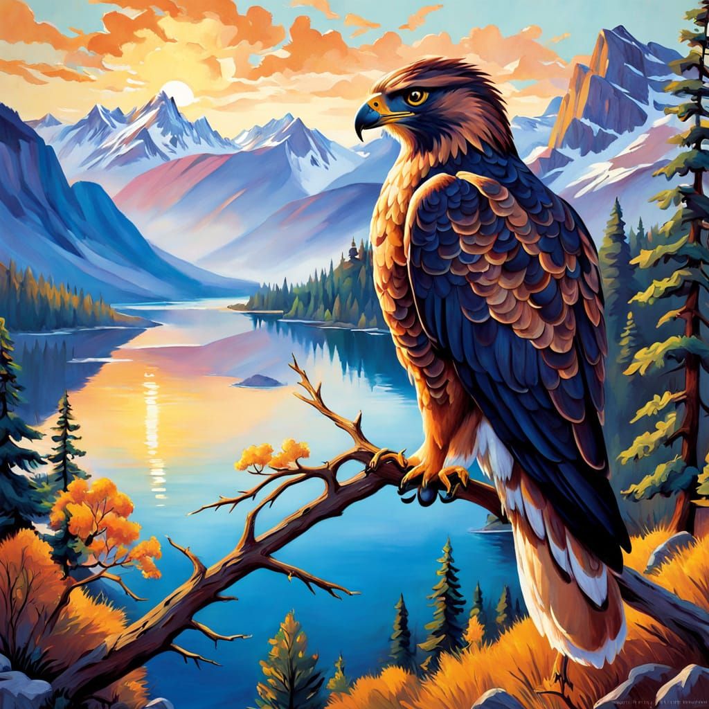 Vibrant Fauvist Hawk Perched on Rocky Mountain Branch