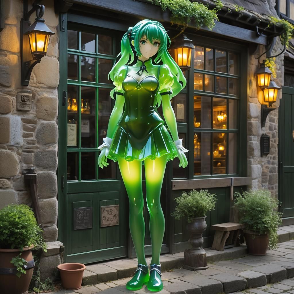 Anime Jello Girl at Medieval Tavern Dawn