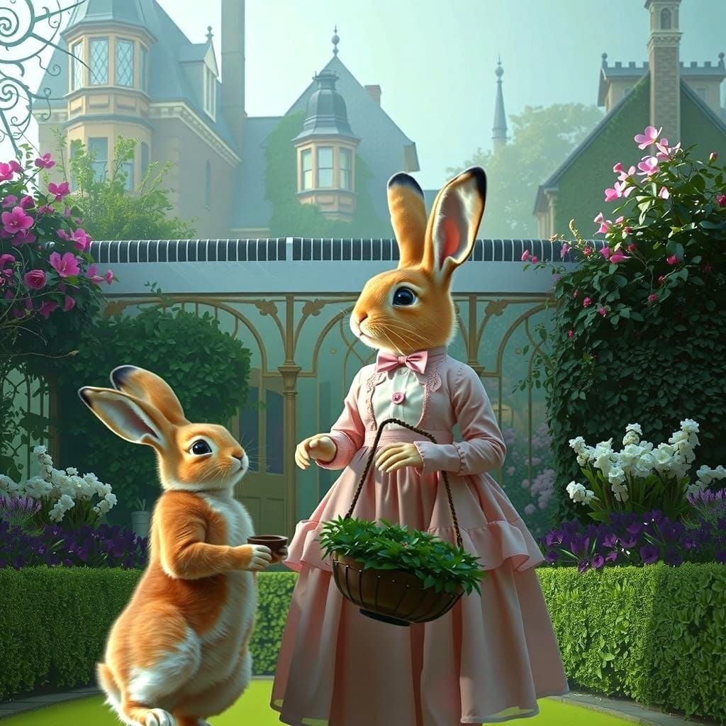 Bunnies in Whimsical English Garden Settings
