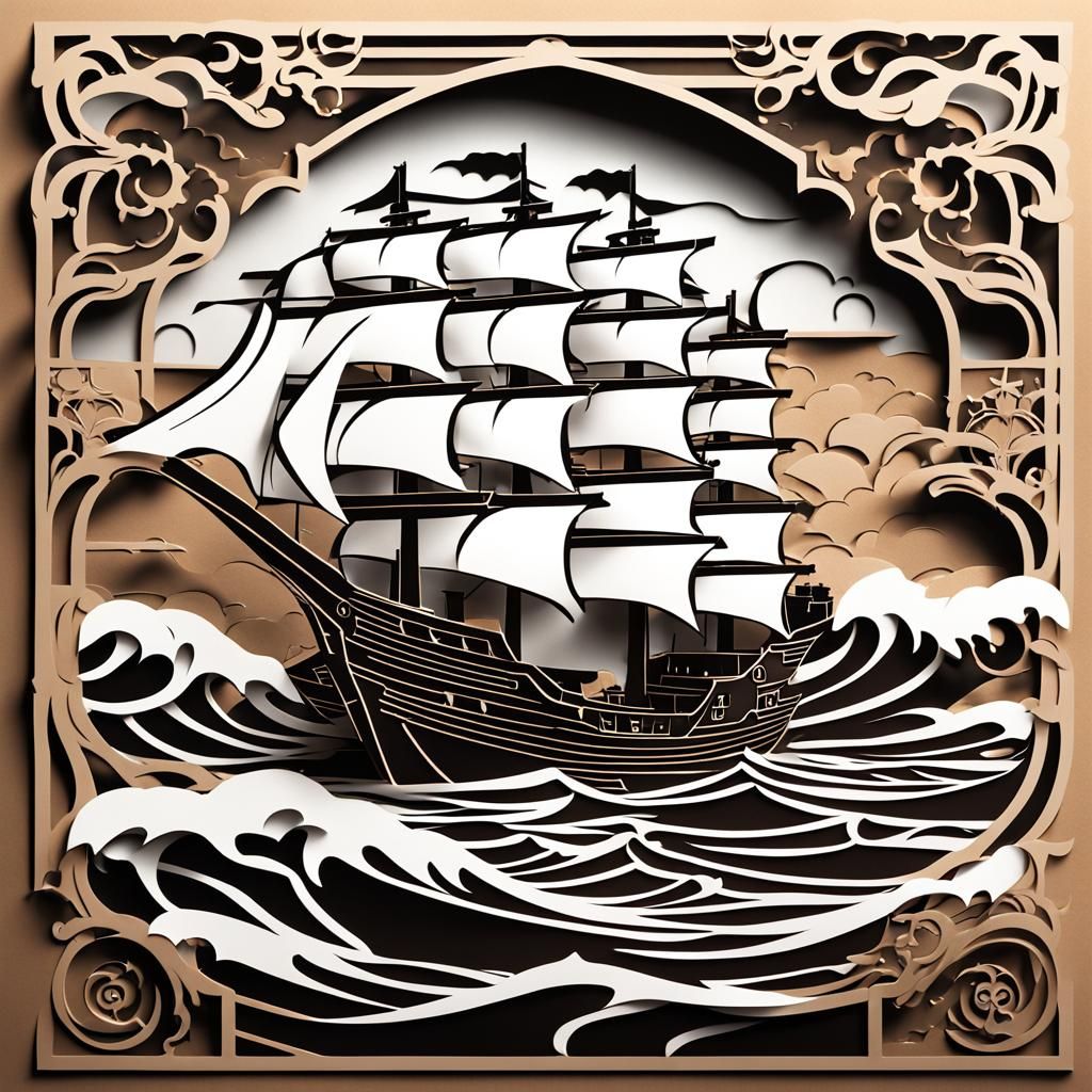 Kirigami Pirate Ship Amidst Stormy Seas