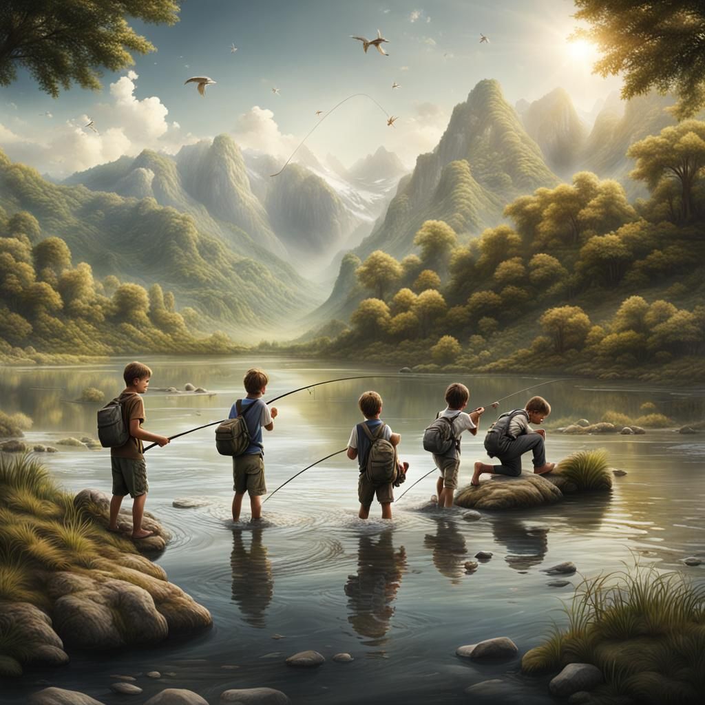 Boys Fishing in River: Detailed Matte Painting