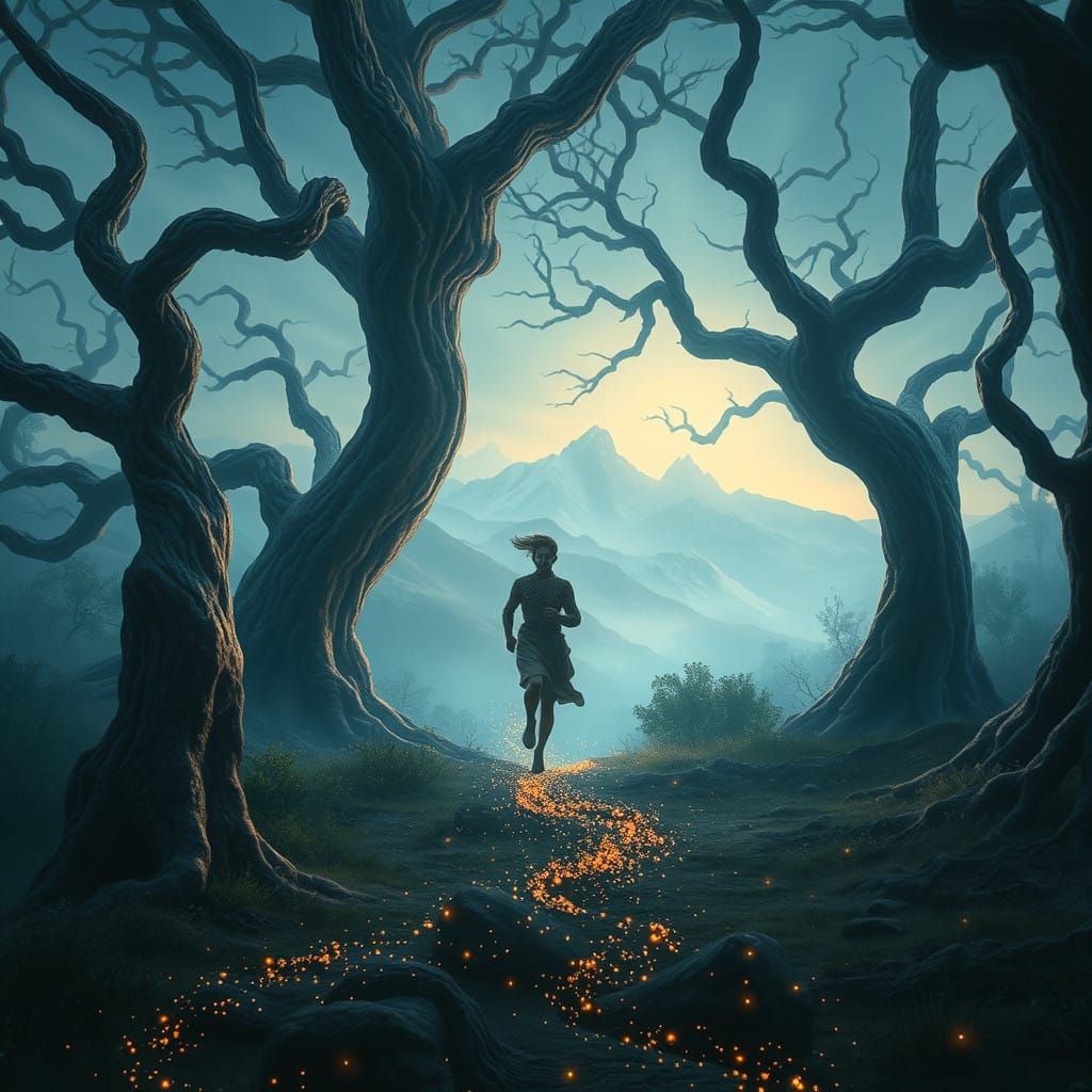 Mystical Runner in Dreamlike Landscape