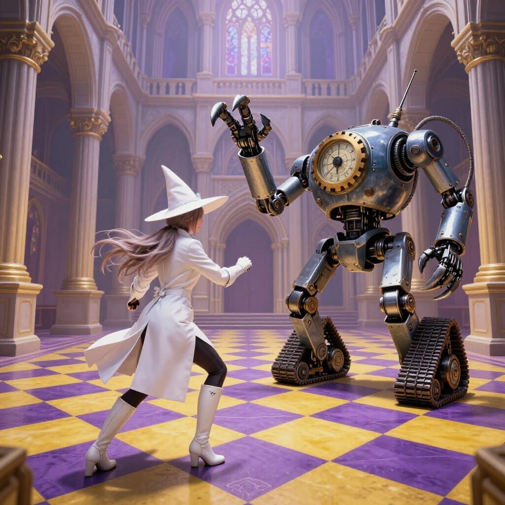 Hero Battles Robot Boss in Grand Castle Hall