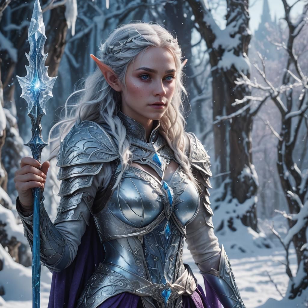 Icy Elf Sorceress with Crystalline Staff: Fantasy Art