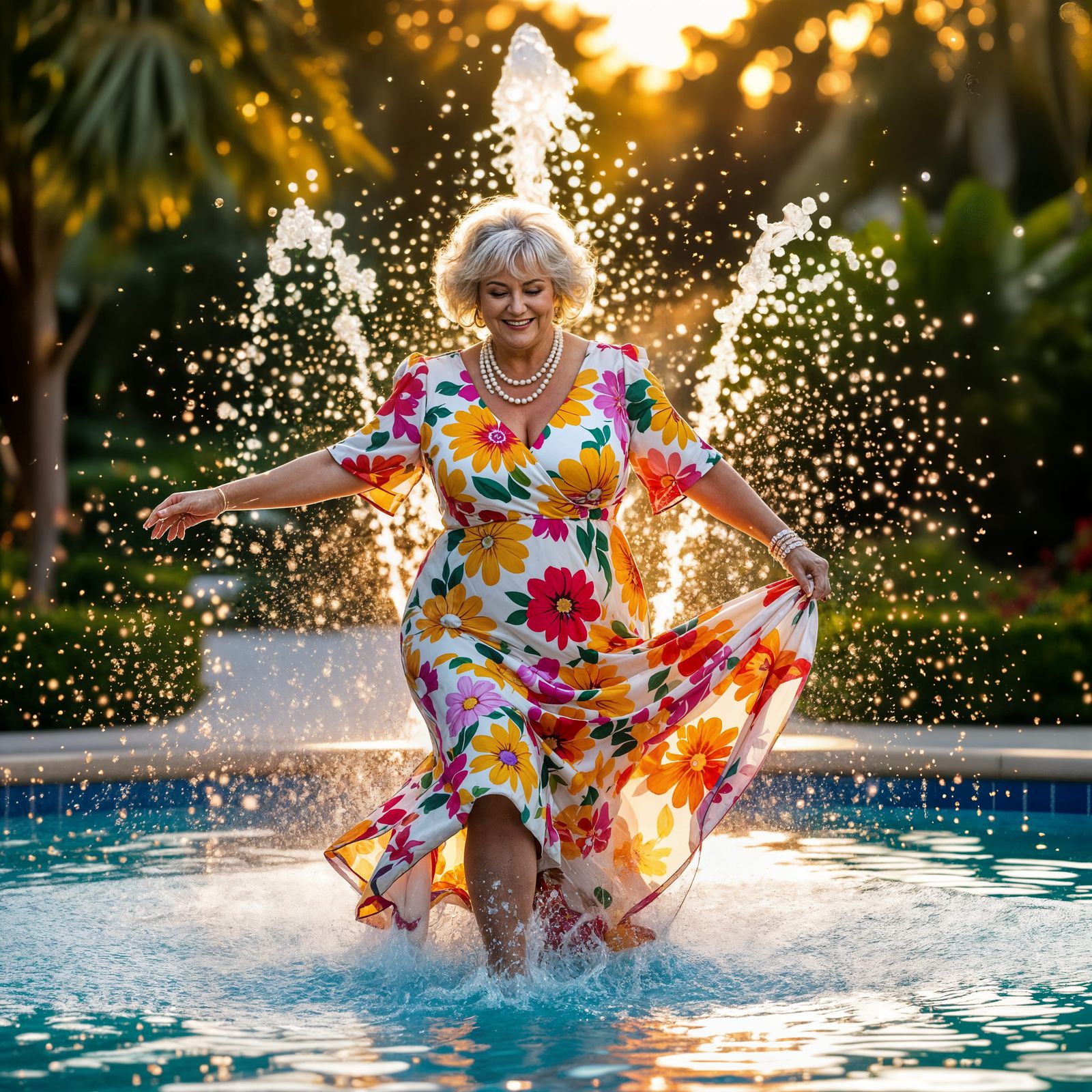 Joyful Granny Dances in Glittering Fountain at Sunset