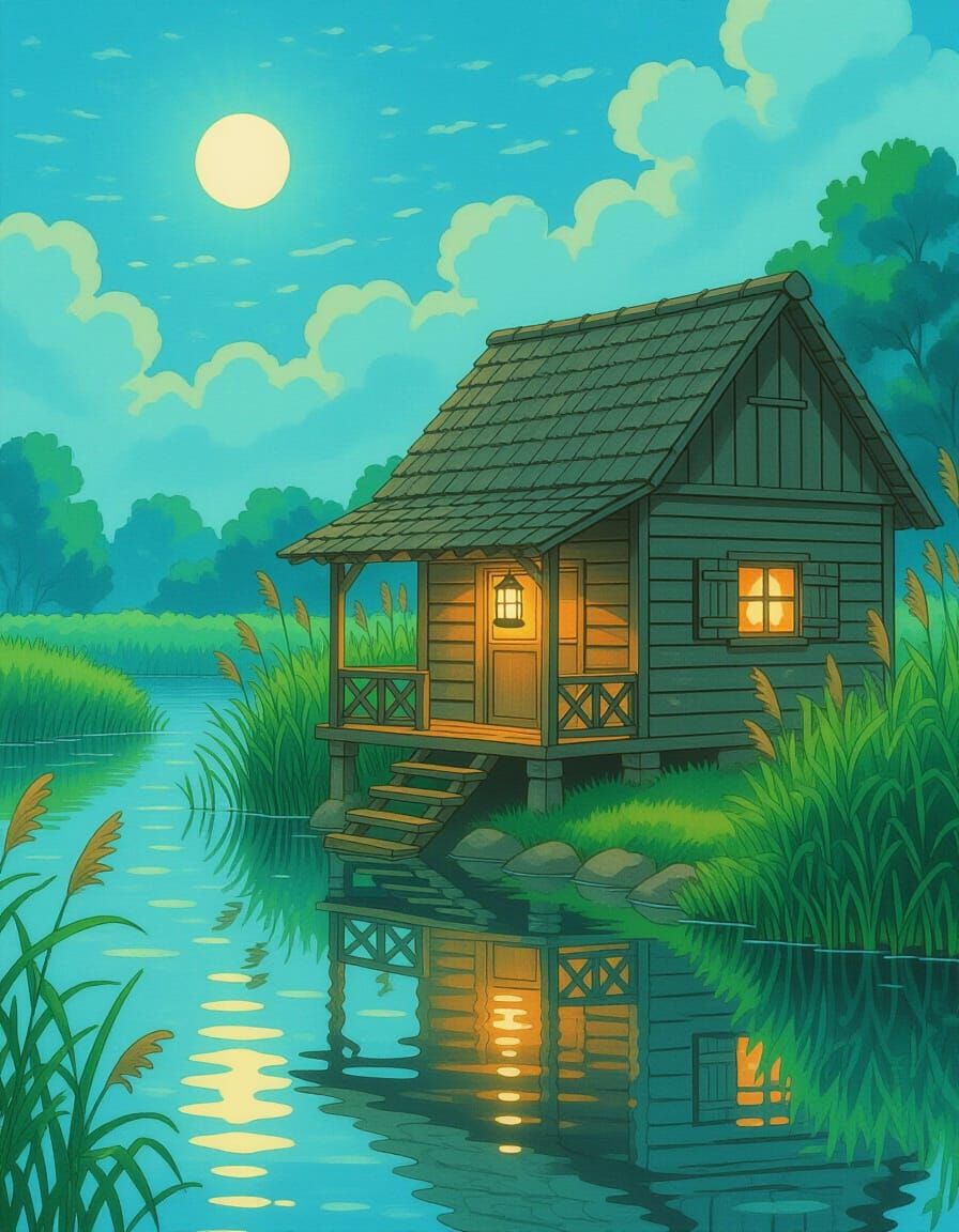 Riverside Cabin in Dreamlike Anime Style