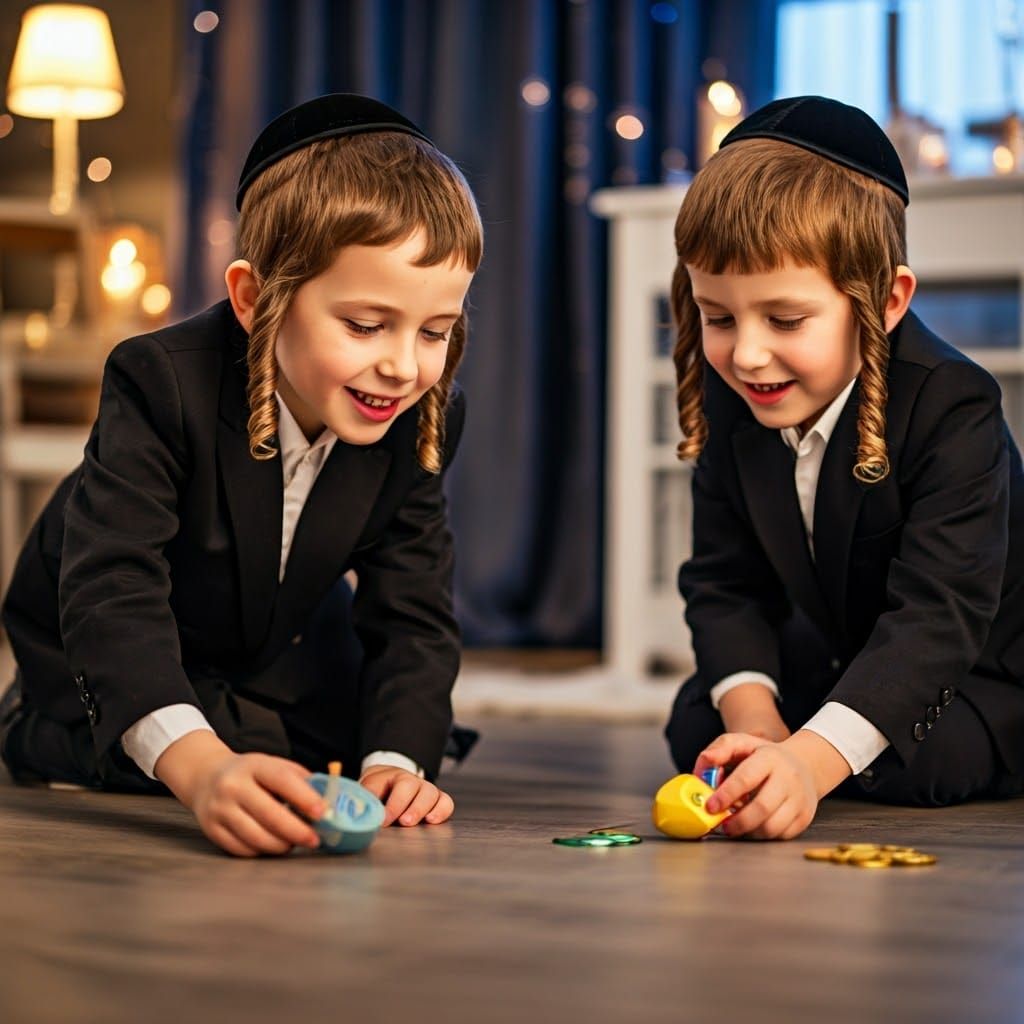 Traditional Jewish Boys Playing with Dreidels in a Cozy Hanu...