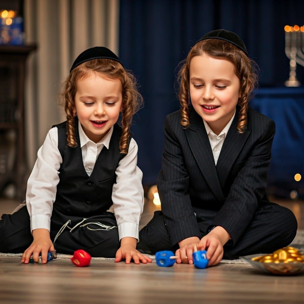 Two Orthodox Boys Play with Dreidels in a Warm Hanukkah Scen...
