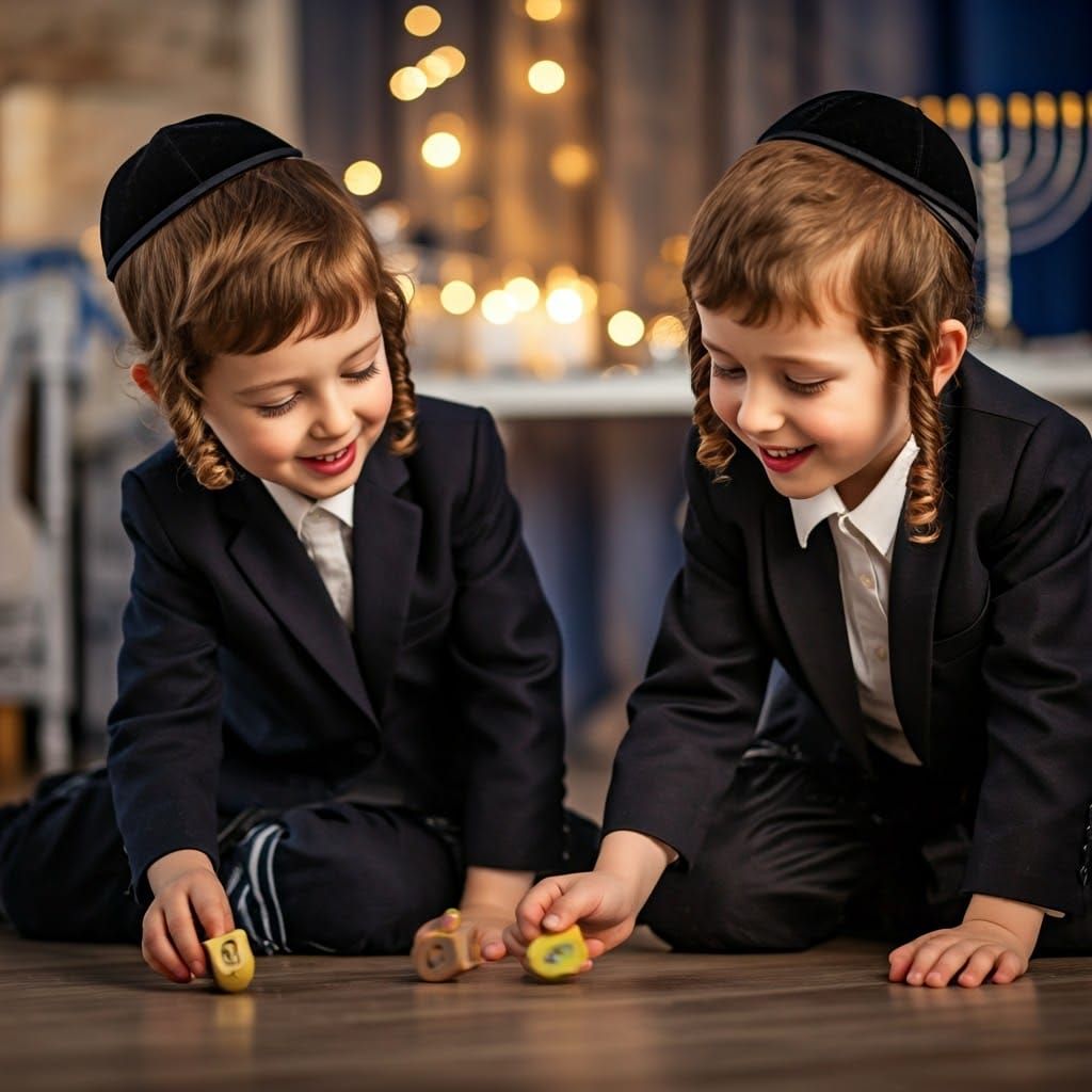 Jewish Boys Celebrate Hanukkah with Dreidels and Cheer