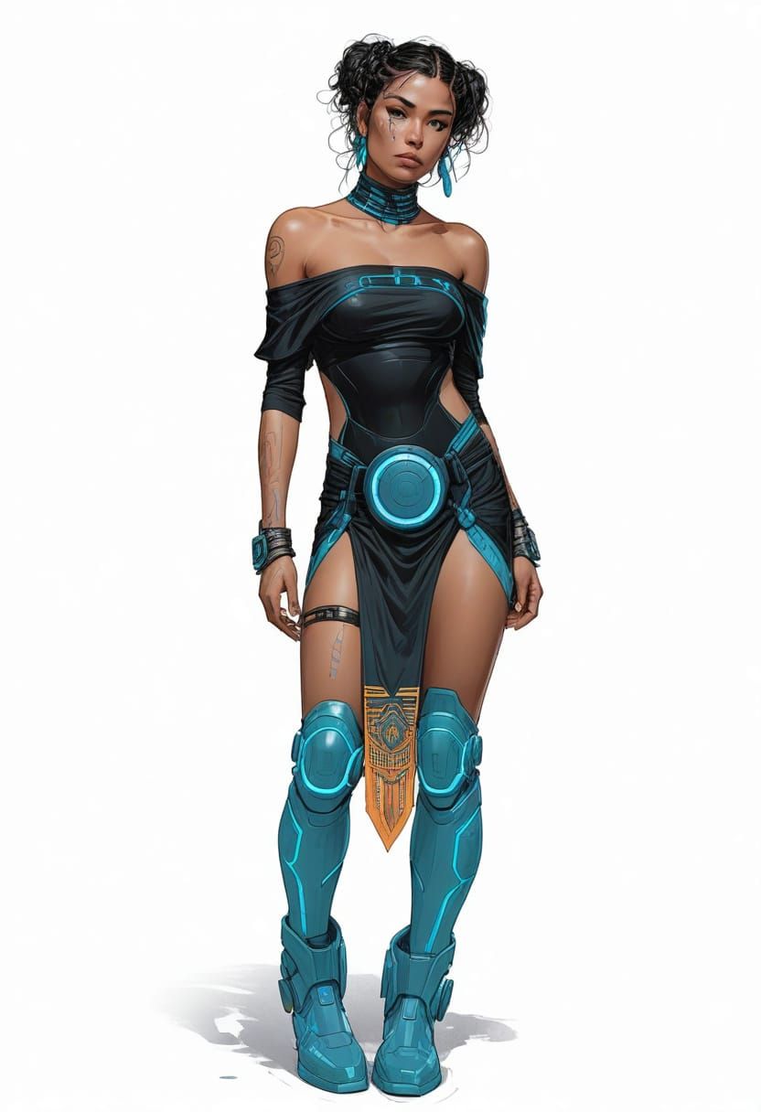 Future Mayan Warrior Woman in Neon Sci-Fi Armor