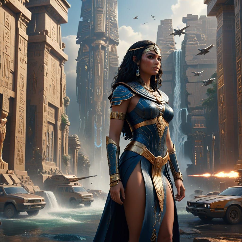 Egyptian Goddess in Futuristic Cityscape: Digital Art