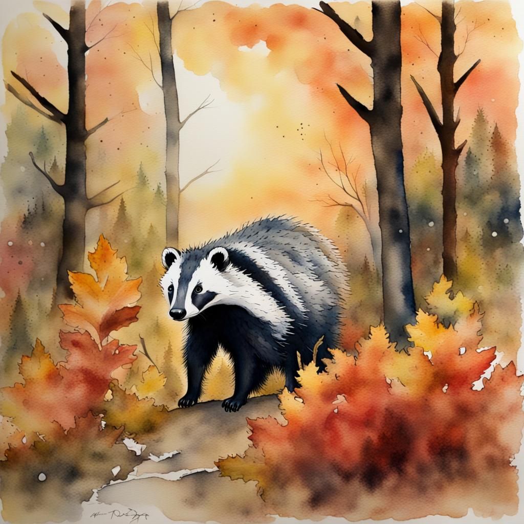 Autumn Badger in Forestscape Watercolor Painting