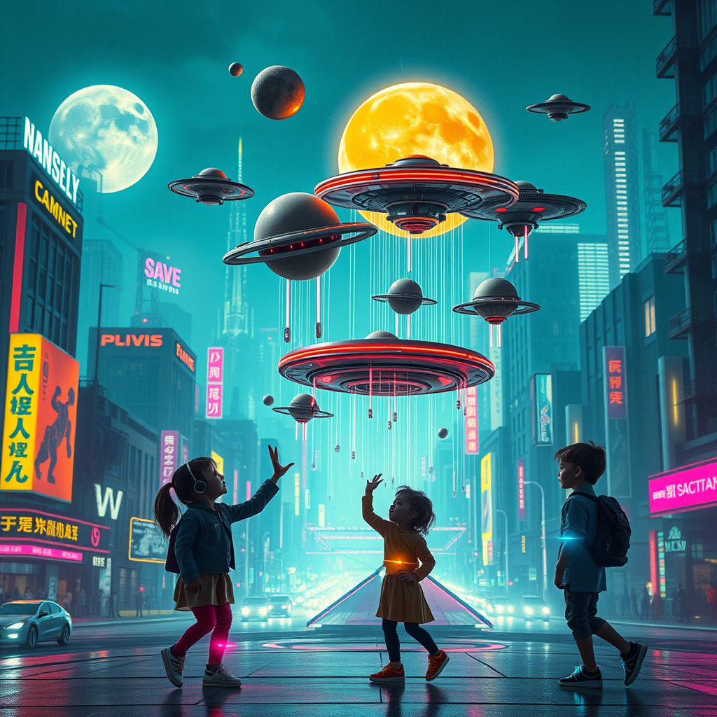 Cyberpunk Cityscape with Levitating Toy Set