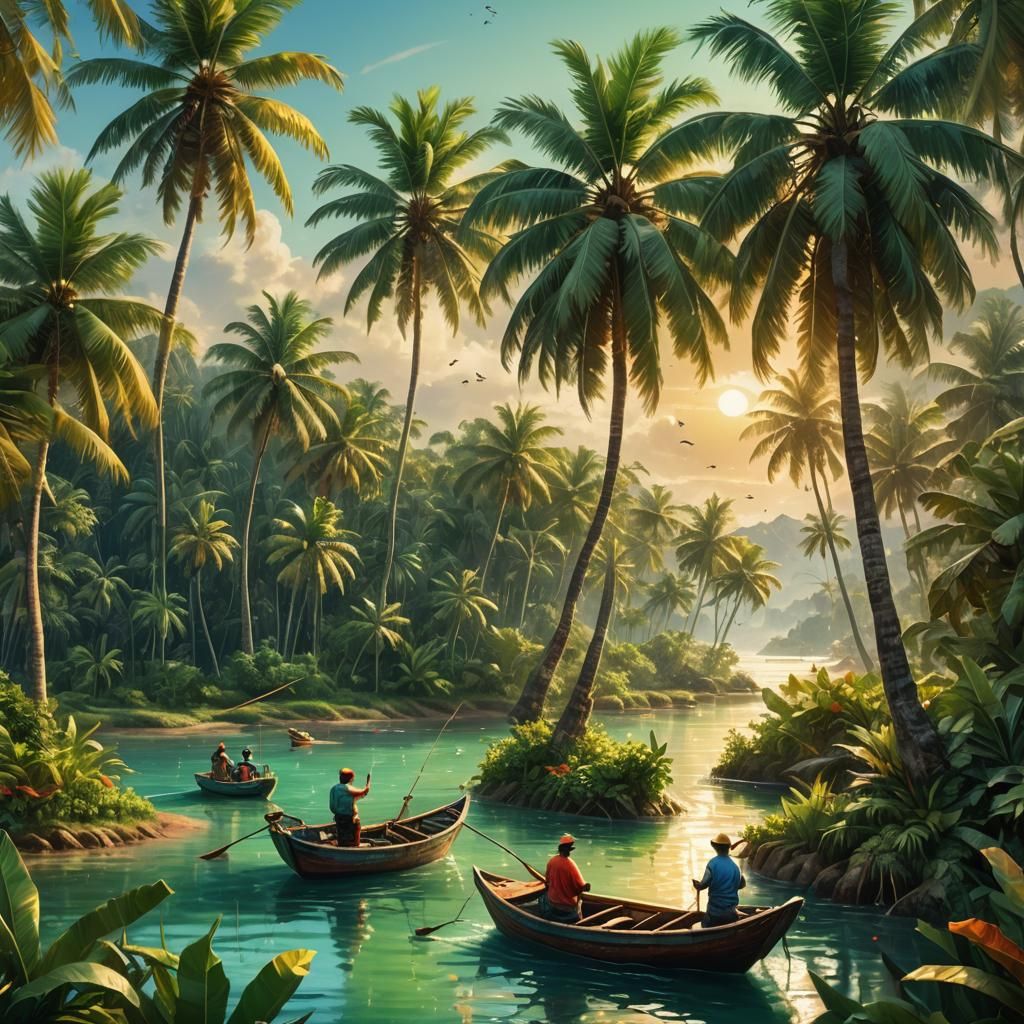 Tropical Island Fishing in Hyperrealistic Splash Art