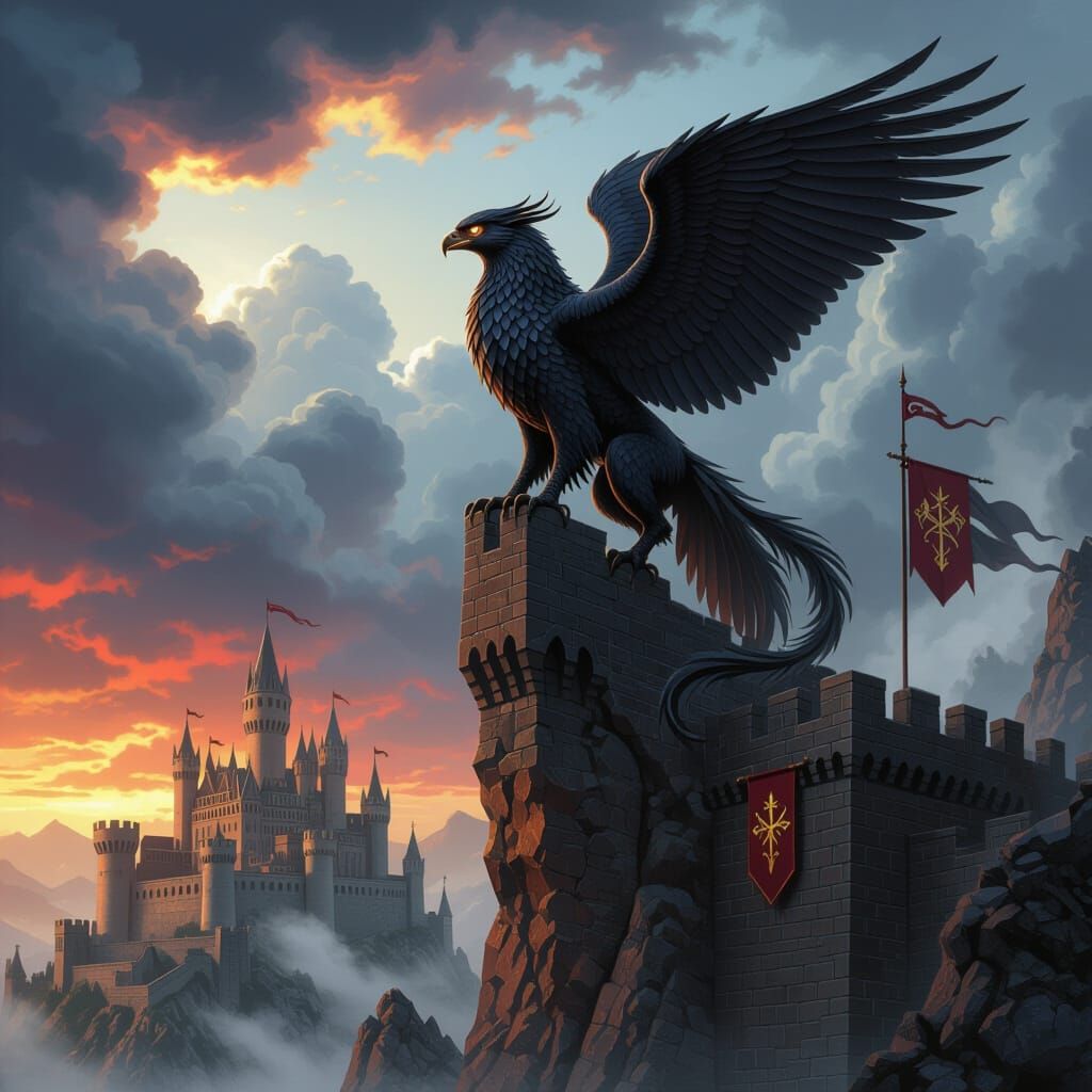 Mythical Griffin on Mountain Peak Above Misty Castle
