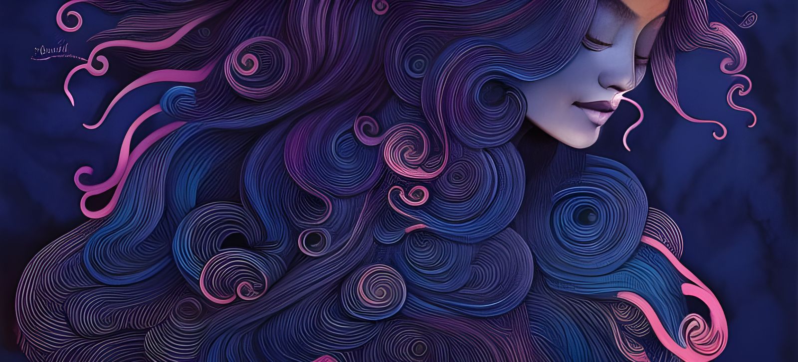 Maya Girl with Indigo Hair: Digital Gouache Painting