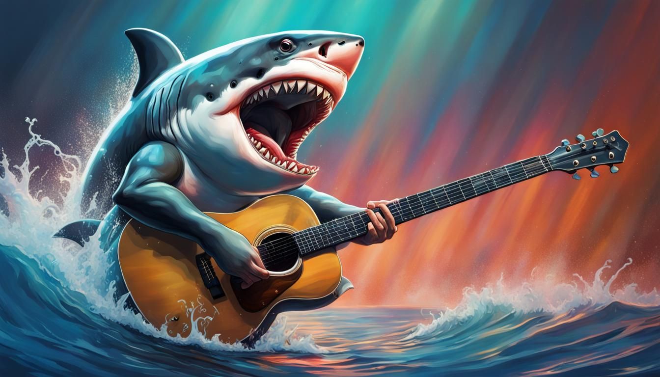 Great White Shark Guitar Solo: Hyperrealistic Splash Art