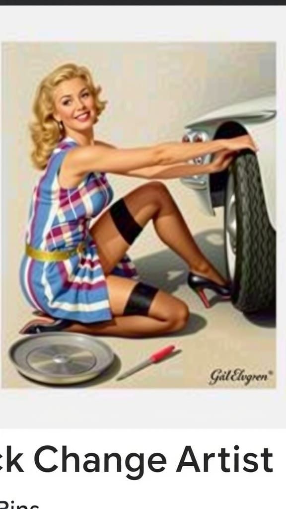1950s Pin-Up Girl Car Trouble in Elvgren Style