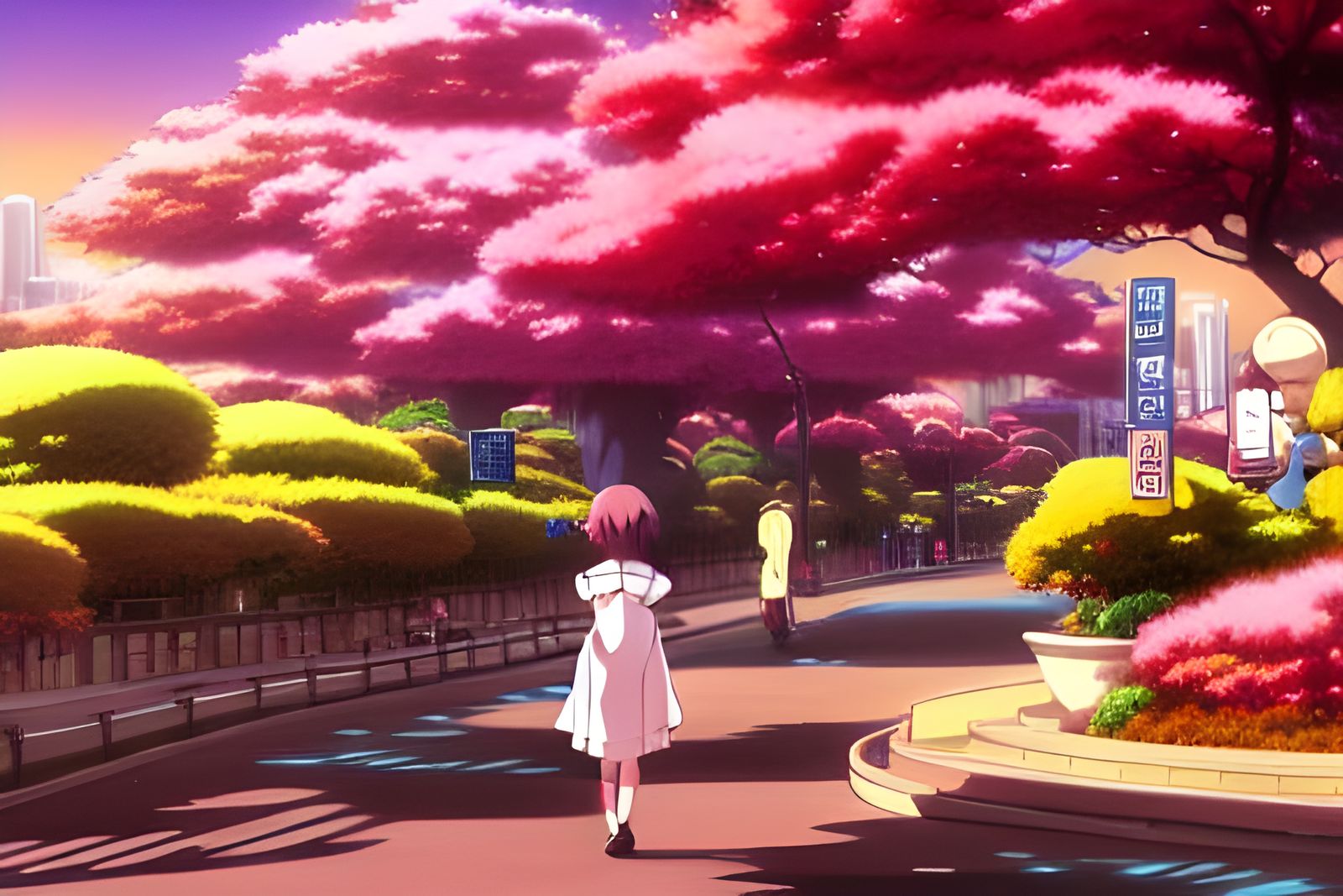 Lively Anime Cityscape with Flowers and Shops