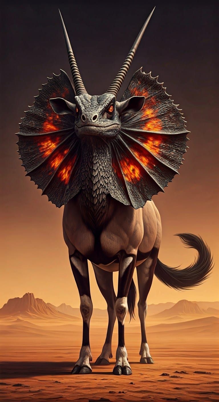 Demonic Oryx-Lizard Hybrid in Scorching Desert