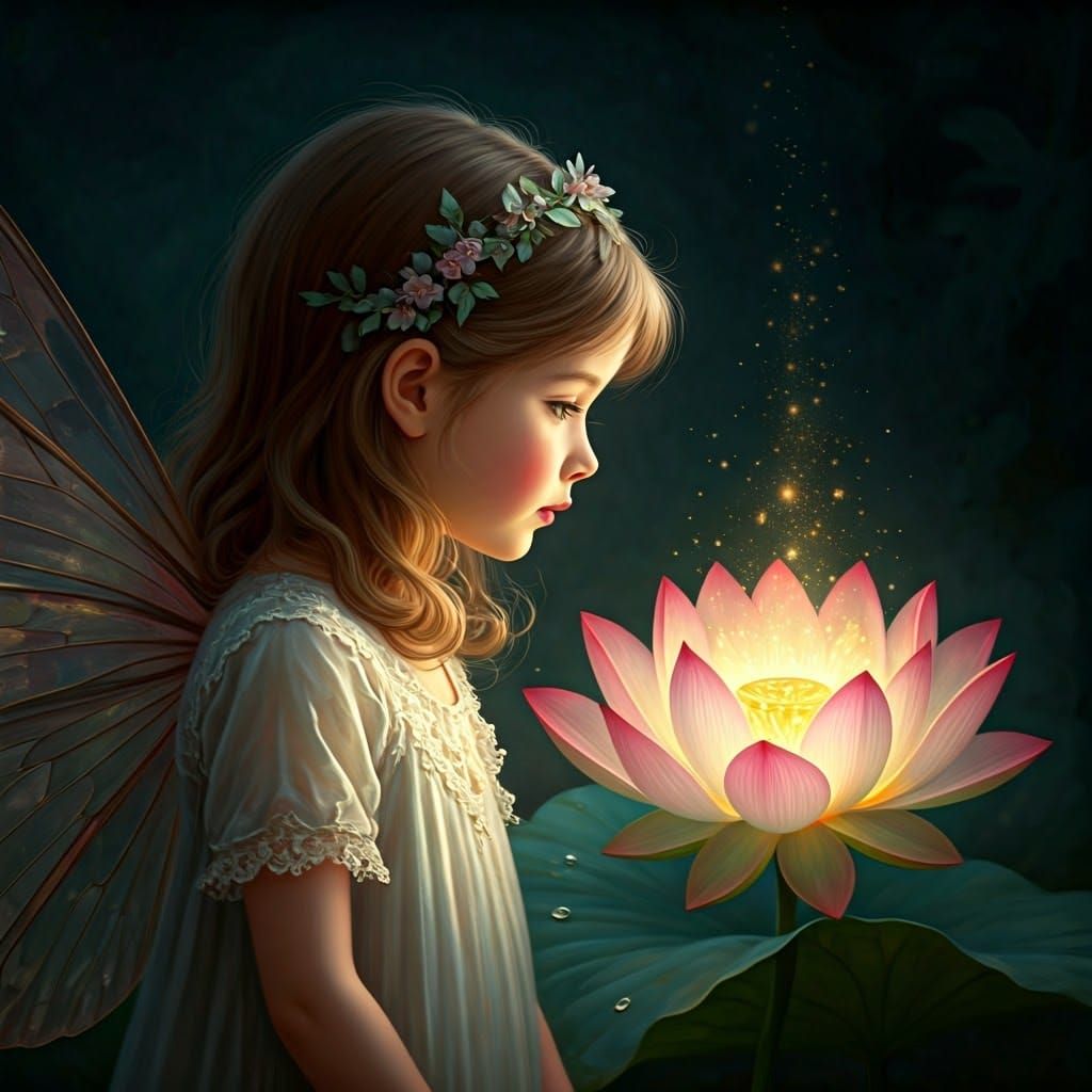 Ethereal Fairy in Lotus Blossom, Vintage Oil Painting Style