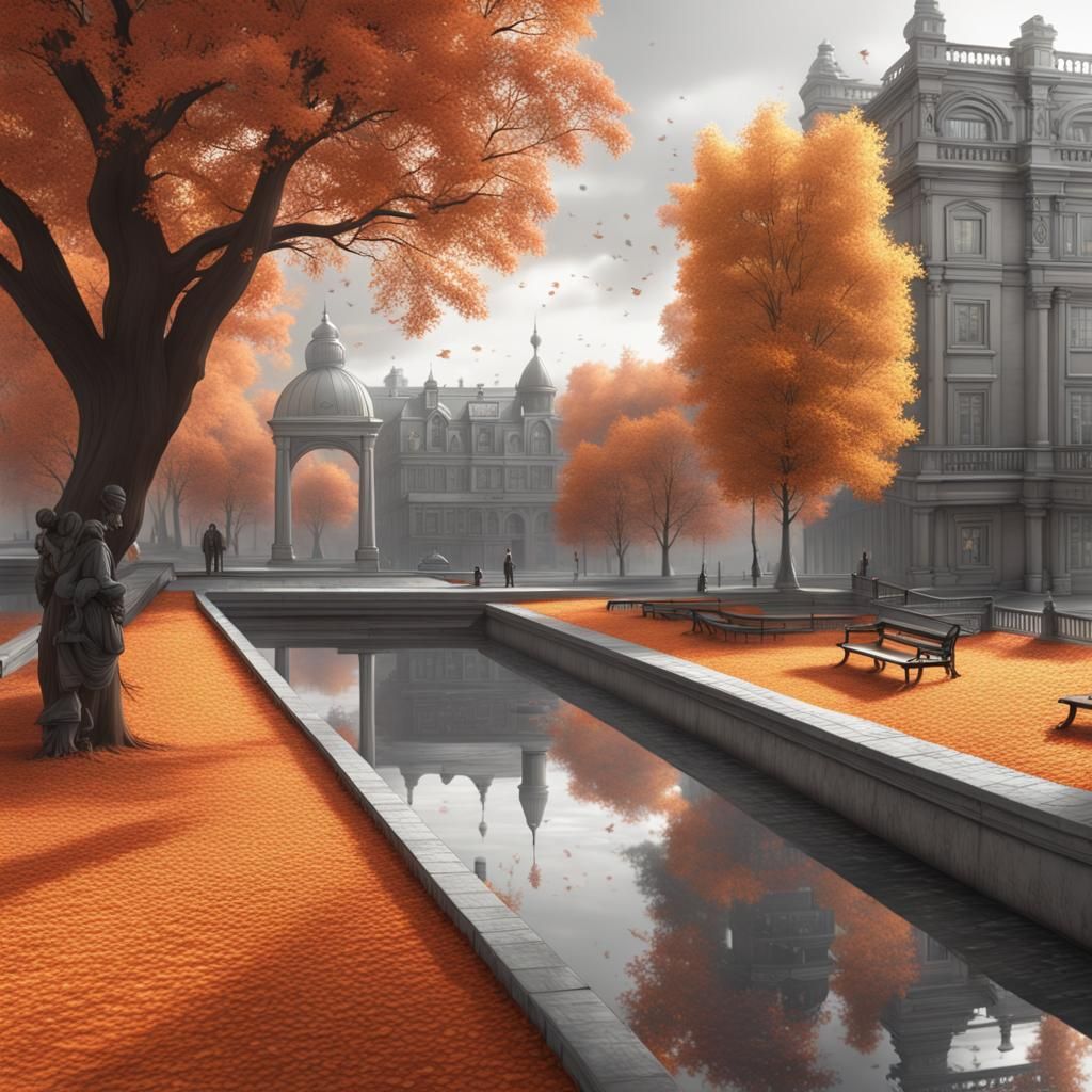 Grayscale Autumn Park Scene in Detailed Matte Painting