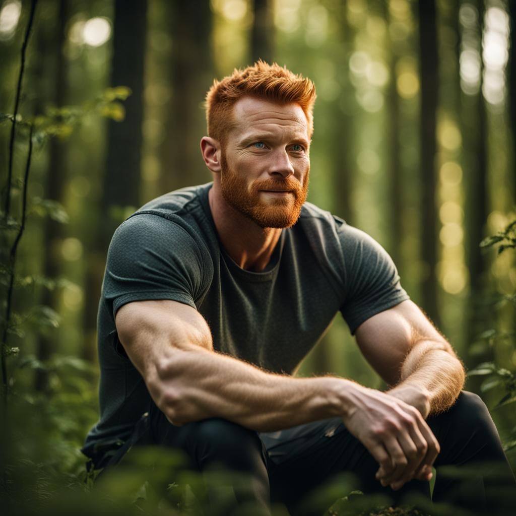 Ginger Haired Man Relaxing in Forest, Professional Photograp...