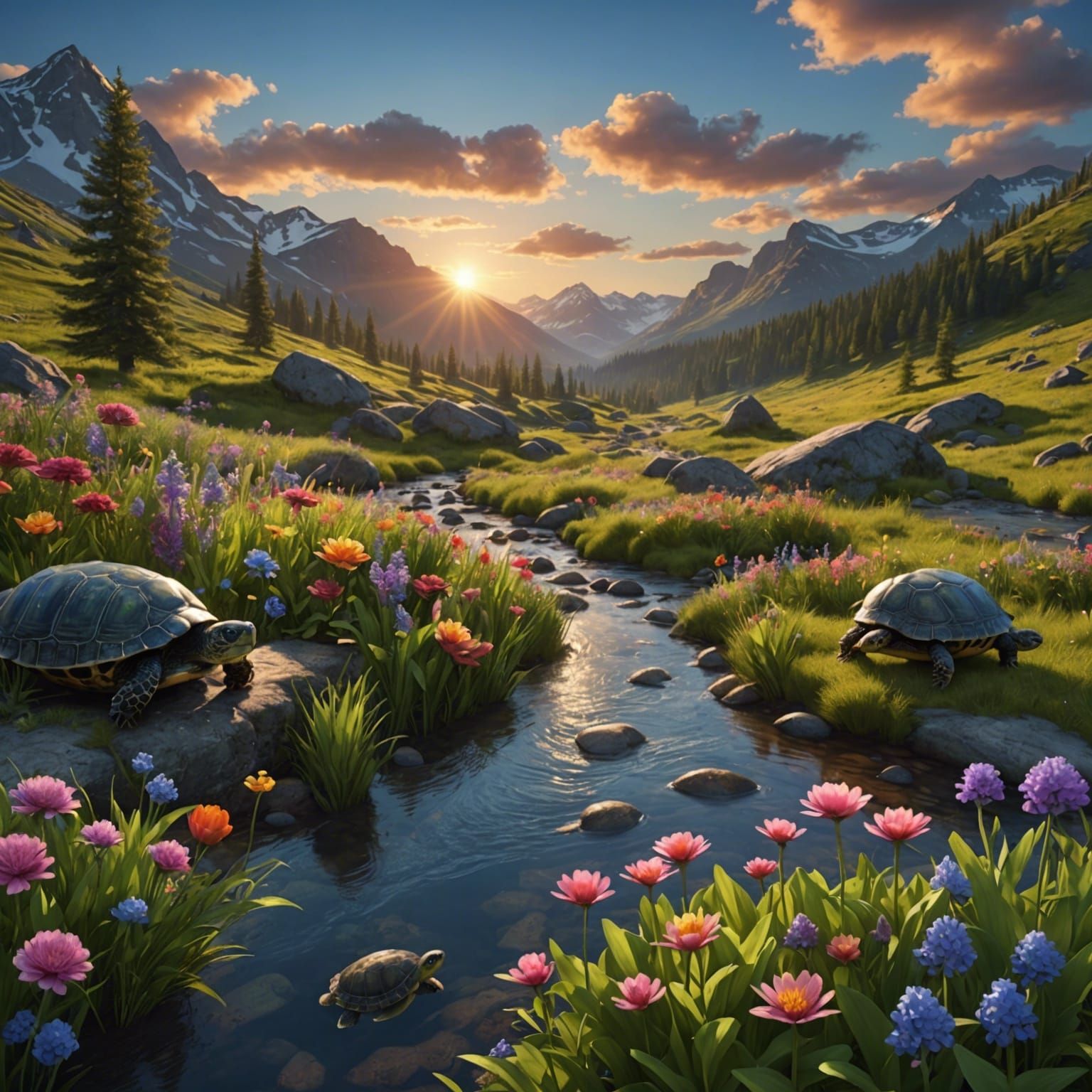 Photorealistic Turtle Meadow at Dazzling Sunrise