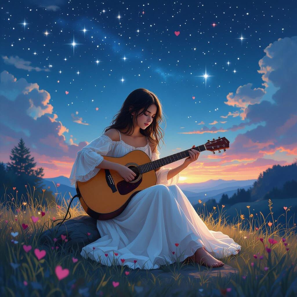 Starry Night Serenade: A Matte Painting of a Girl