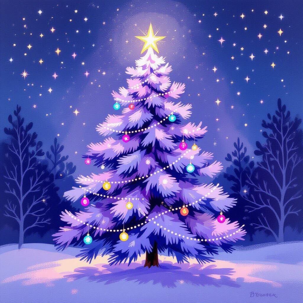 Whimsical Purple Christmas Tree Gouache Painting