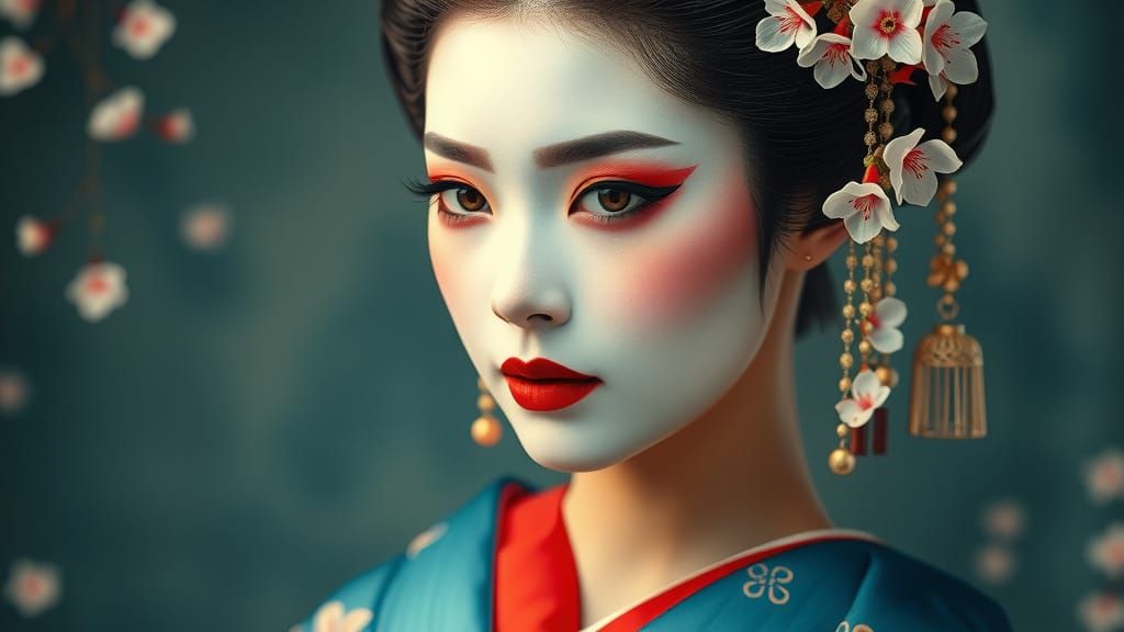 Geisha in Blue Kimono with Cherry Blossoms