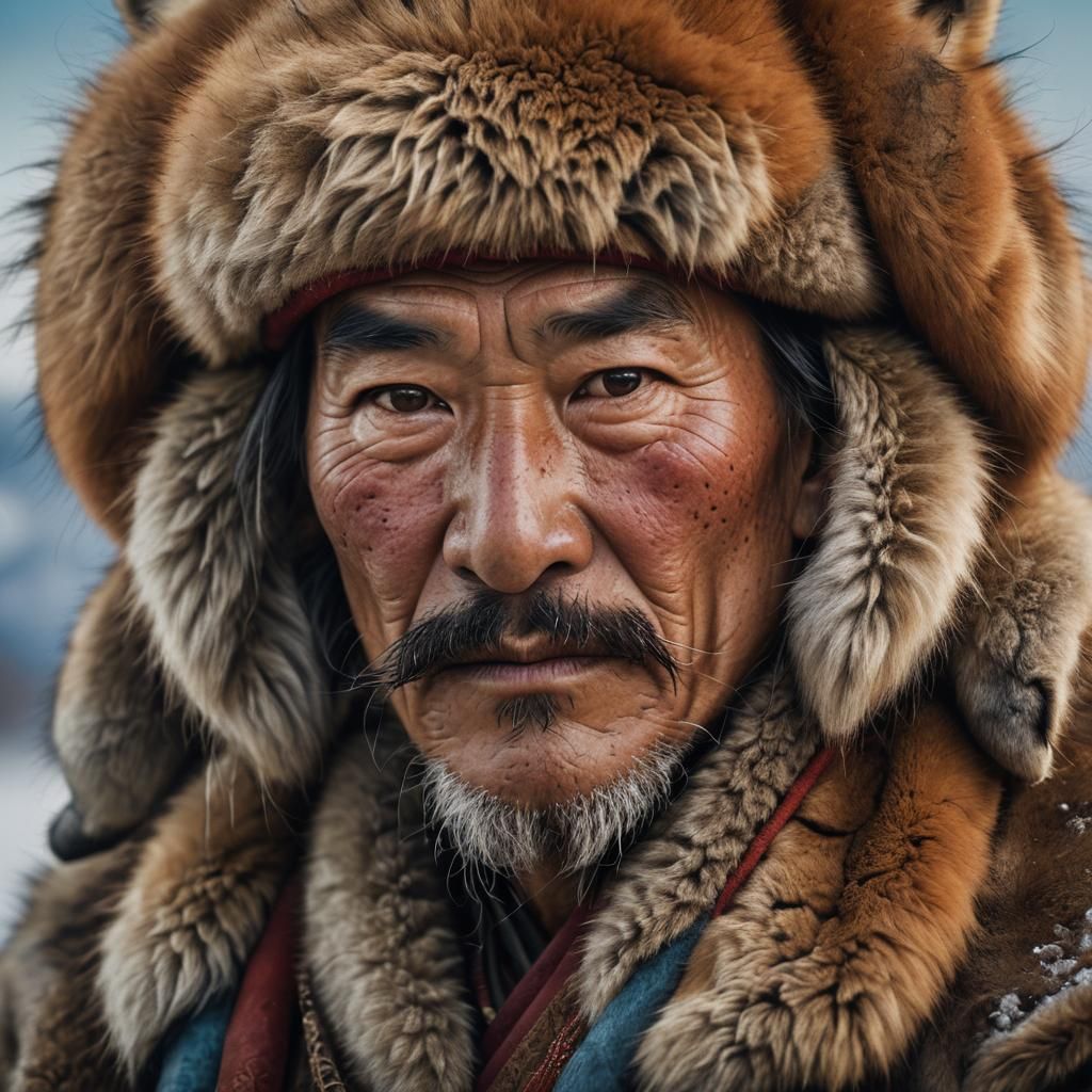 Mongolian Man in Fox Fur Portrait, Fantasy Art