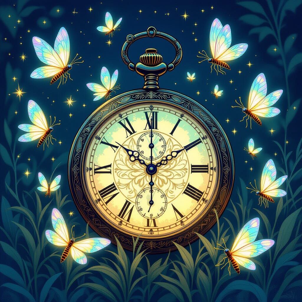 Art Nouveau Fireflies Swirl Around Ornate Pocket Watch
