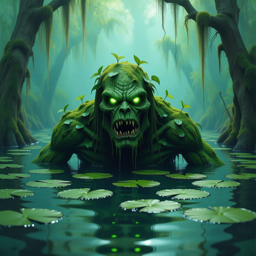 Grotesque Swamp Monster Emerges in Surreal Oil Painting