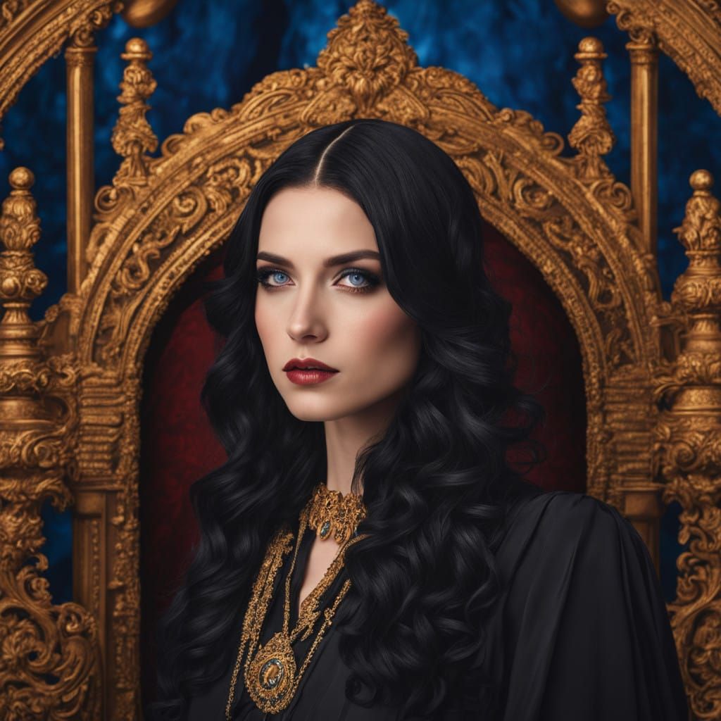 charming-blue eyes, black hair, gucci channel dress , gothic...