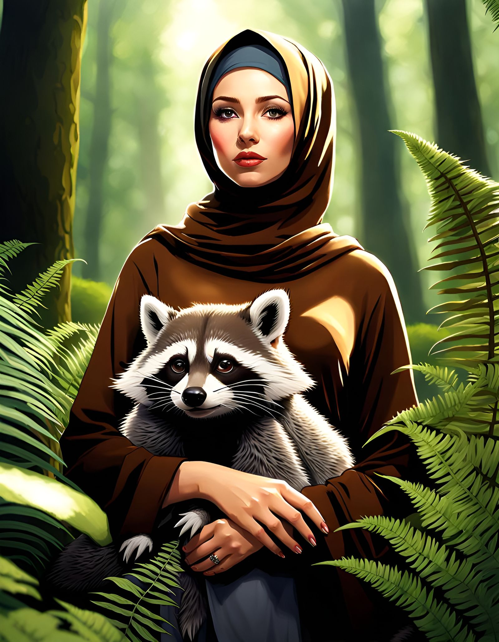 Woman in Hijab Cuddling Raccoon in Forest