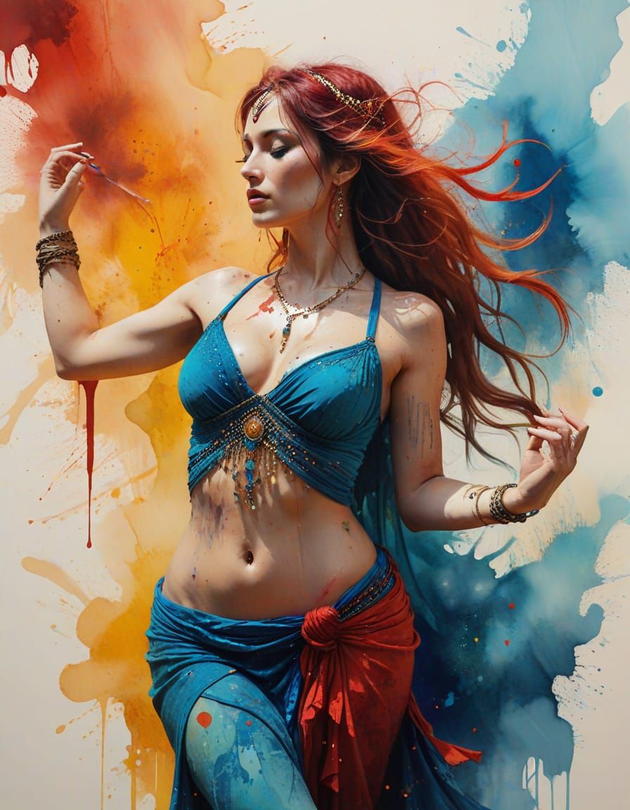 Vibrant Belly Dancer in Ethereal Sunrise Landscape