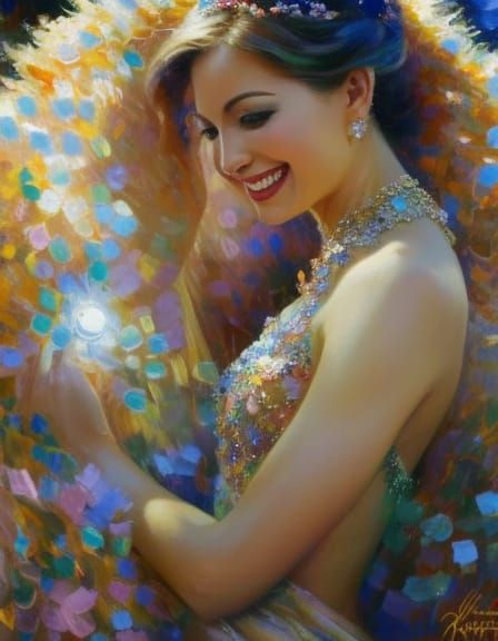 Laughing Lady in Serenity Blue, as Impressionist Acrylic