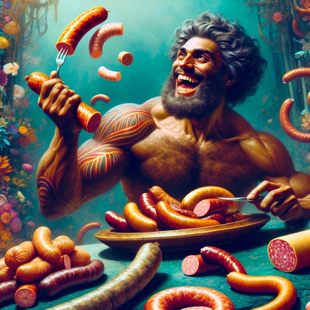 Muscular Man Cleans Sausages in Surreal Matte Painting