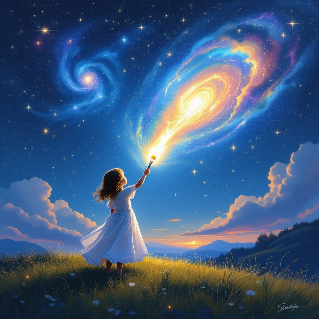 Girl Paints Night Sky in Ethereal Style