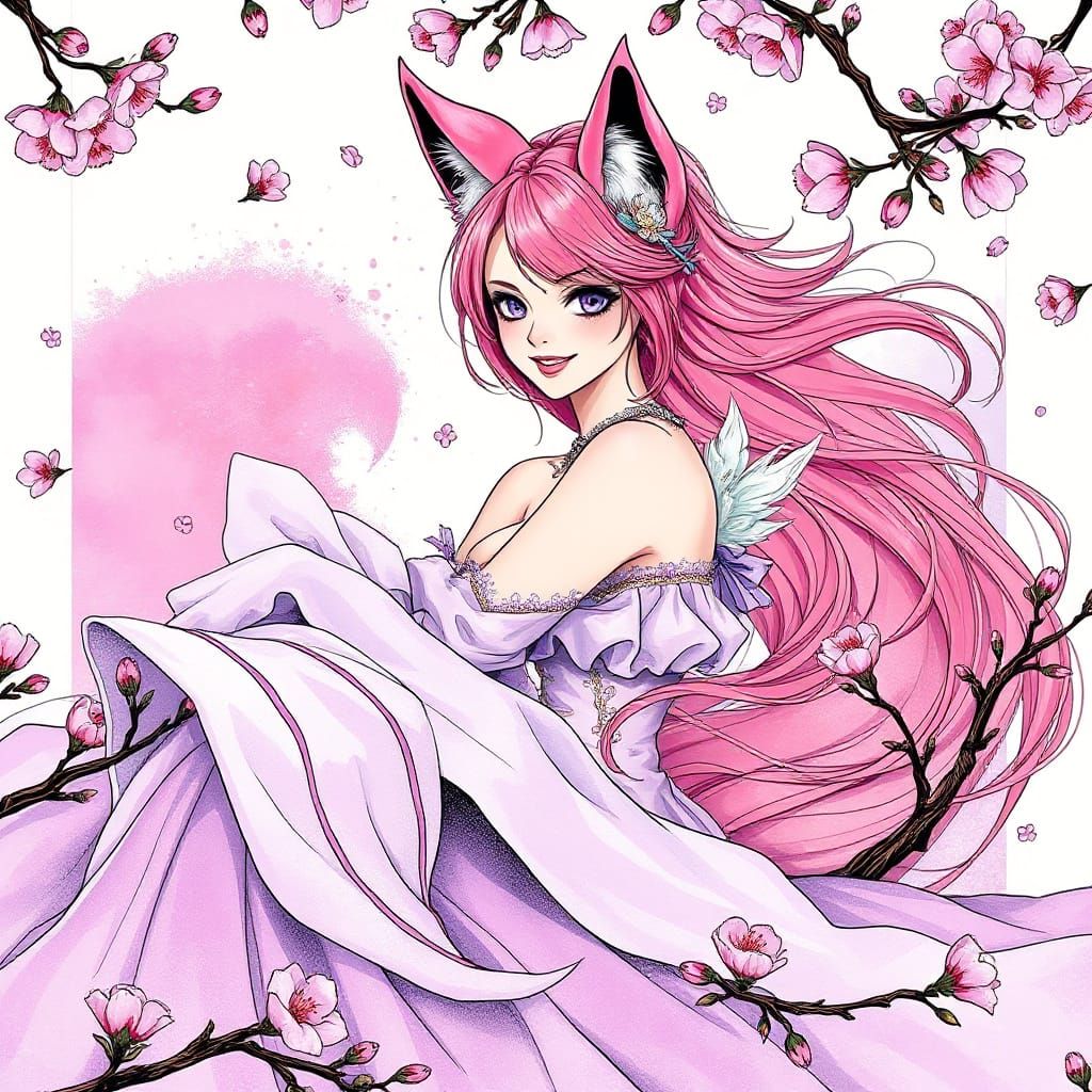 Surreal Pink-Haired Woman in Whirlwind of Cherry Blossoms