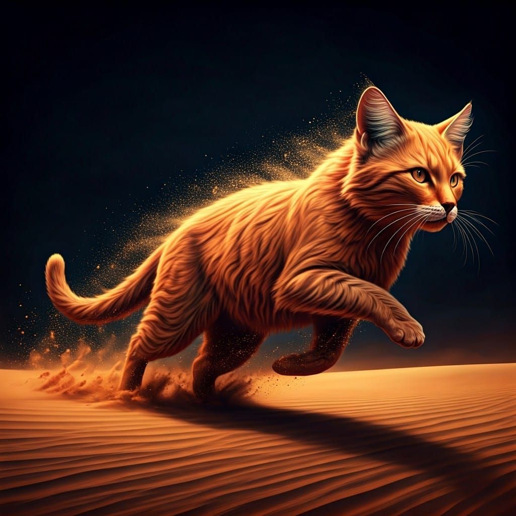 Sand Cat Running in Desert Wind, Digital Art